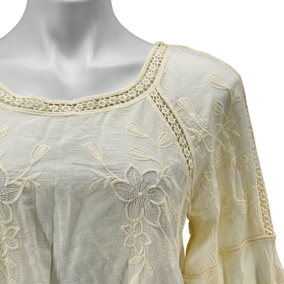 Soft Surroundings Romantique Tunic Crochet Bell Sleeve Aged Yellow Lace Top M - Picture 2 of 8